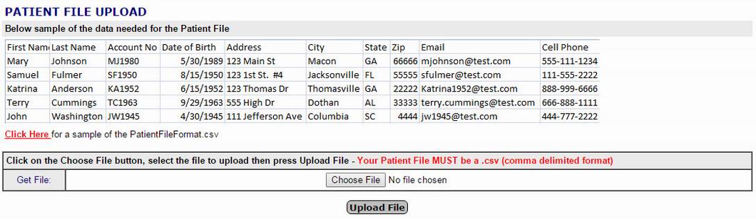Upload patients information from a .csv file exported from your patient accounting prorgram